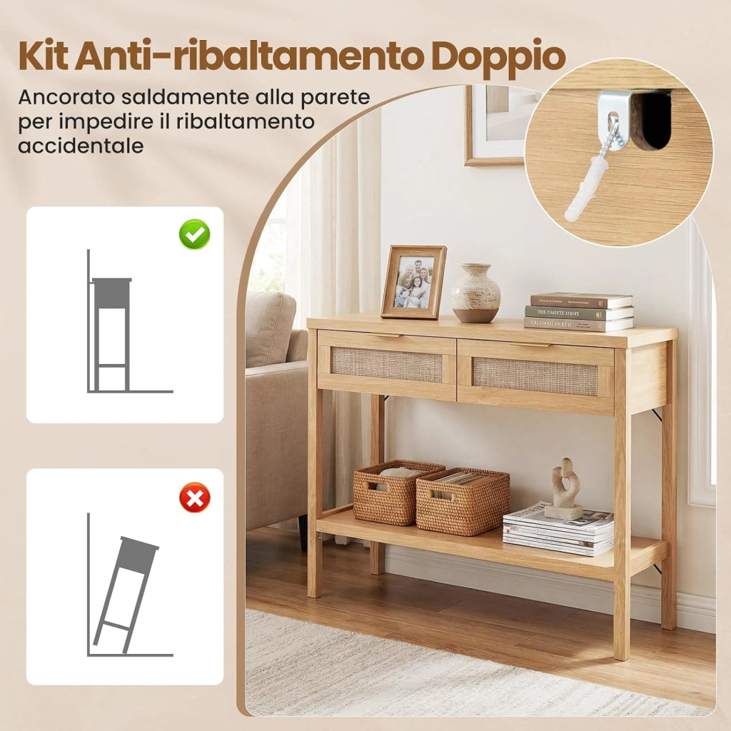 Tavolo Consolle, Tavolino da Divano in Legno con Doppio Cassetto, Ripiano Inferiore e Ampio Piano, Kit Antiribaltamento, Consolle per Ingresso, Corridoio e Soggiorno (Naturale)