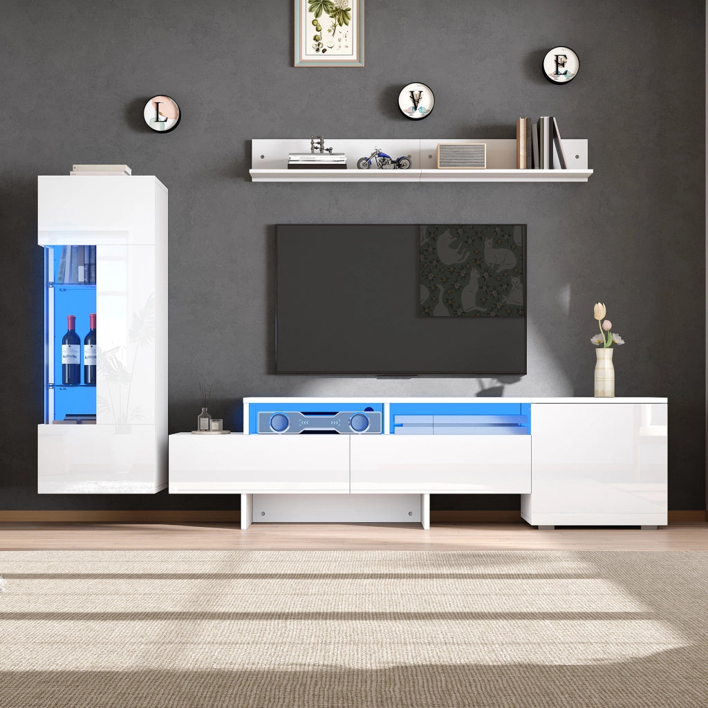 Set mobile porta TV con LED e fronti lucide, 1 anta, 2 cassetti e 2 vani aperti, stile moderno, per soggiorno, bianco