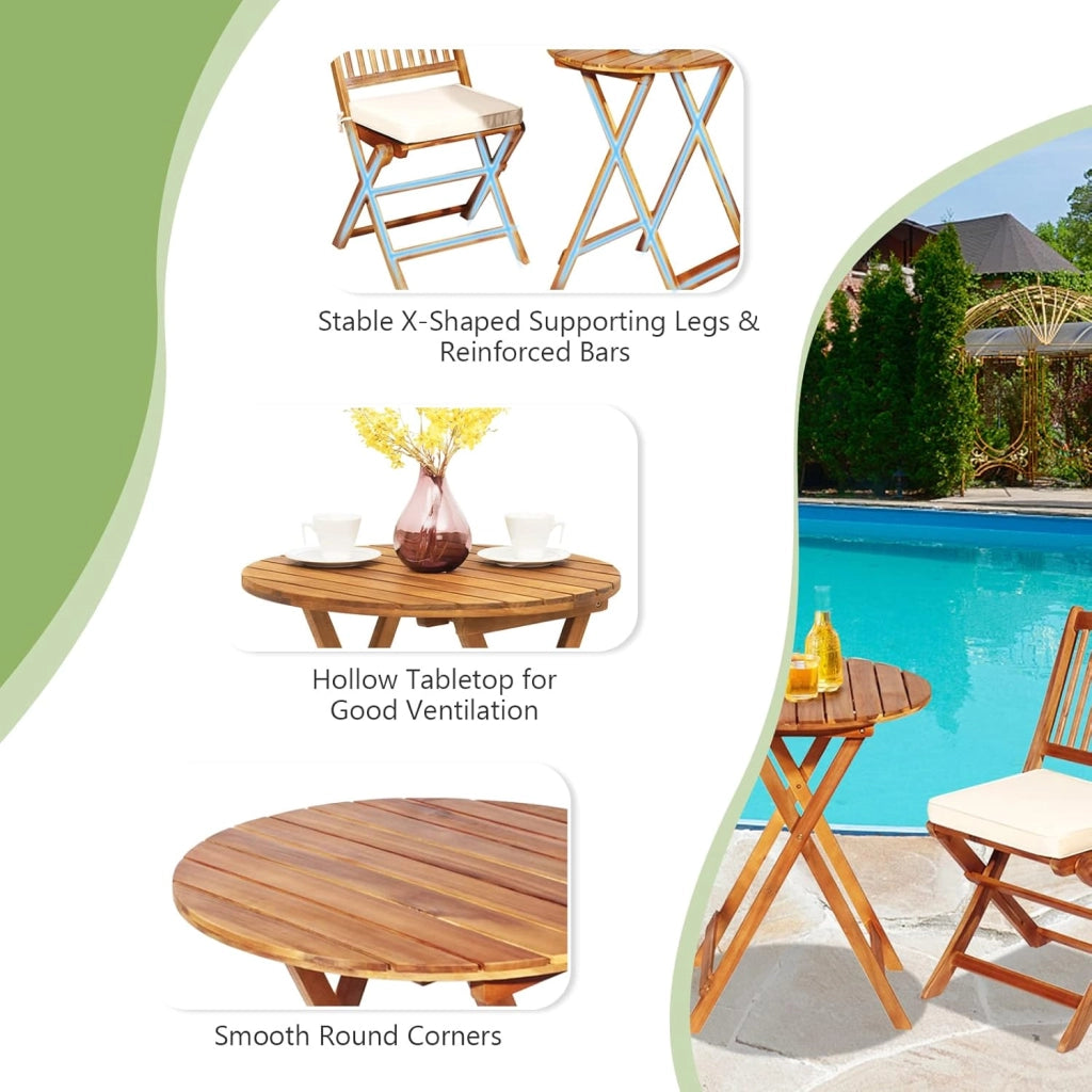 Set di Tavolo e 2 Sedie Pieghevoli in Legno d'Acacia con 2 Cuscini Imbottiti Removibili, Per Esterno, Patio, Giardino e Balcone (Beige)