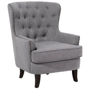 Poltrona Wingback Pulsante grigio chiaro Schienale capitonné Gambe nere Rifiniture a testa chiodata Elegante soggiorno in stile Chesterfield