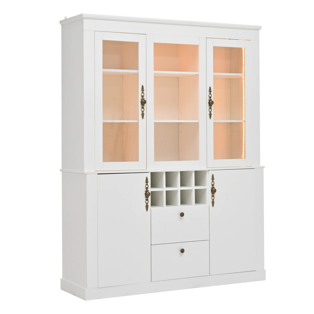 Vetrina con 2 cassetti 4 ante e 8 portabottiglie con LED per soggiorno e sala da pranzo in bianco 130 × 37,5 × 170,5 cm