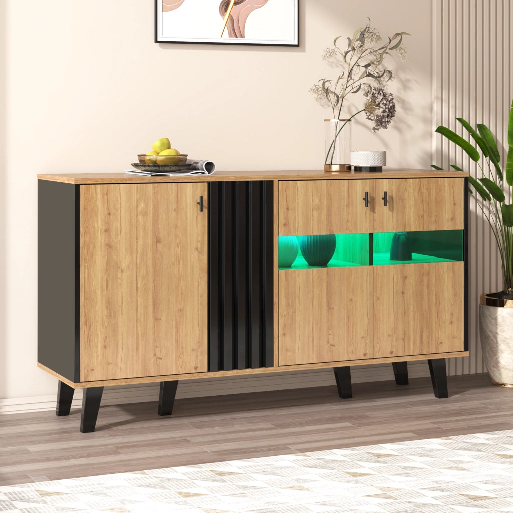 Credenza con 3 Ante e Ripiani Interni; LED e Anta in Vetro; Stile Rustico Moderno; in Pannello di Particelle; Naturale; 140¡Á41¡Á78;5 cm