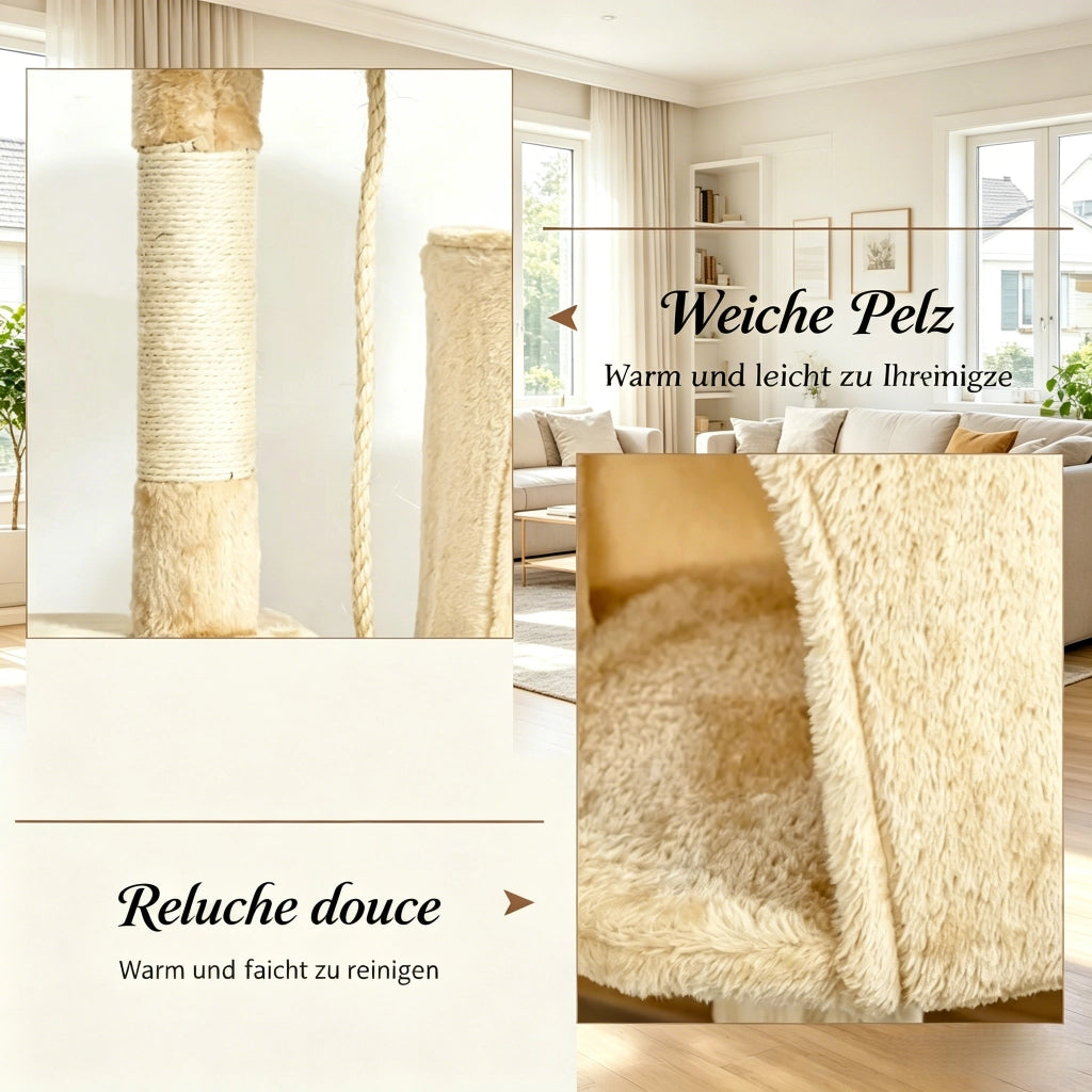 Albero per Gatti in Beige con 4 Livelli, Nicchia, Amaca e Giochi Appesi