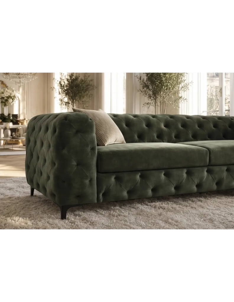 Divano dritto VELENA 3 posti in velluto capitonné - Verde scuro - 235 x 74 x 95 cm