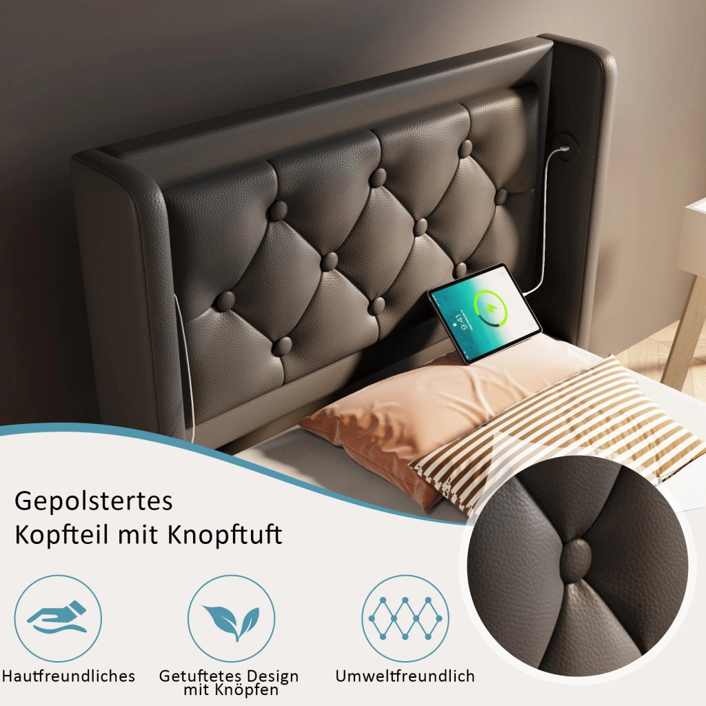 LETTO imbottito 90x200 cm in PU nero con USB Tipo C e LED
