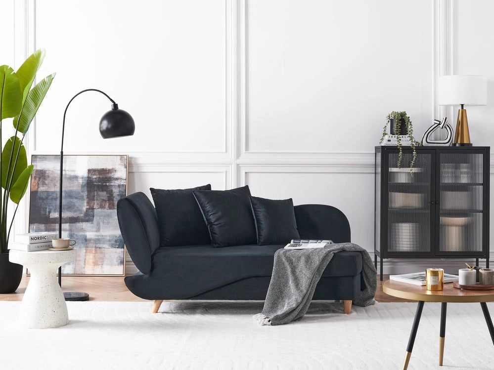 Chaise longue versione sinistra in velluto nero con contenitore soggiorno lato sinistro design moderno contemporaneo