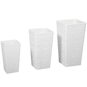 SET 3 VASI DA ESTERNO IMPILABILI CON MOTIVO ONDULATO IN PLASTICA, 42/55/65 CM, BIANCO