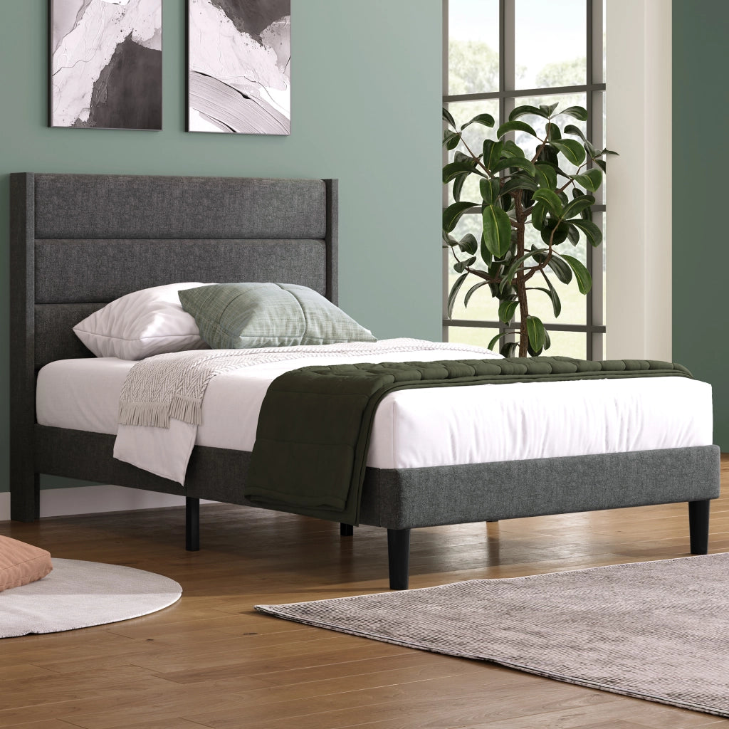Letto singolo – 90x200 cm – testiera rete design moderno – lino grigio
