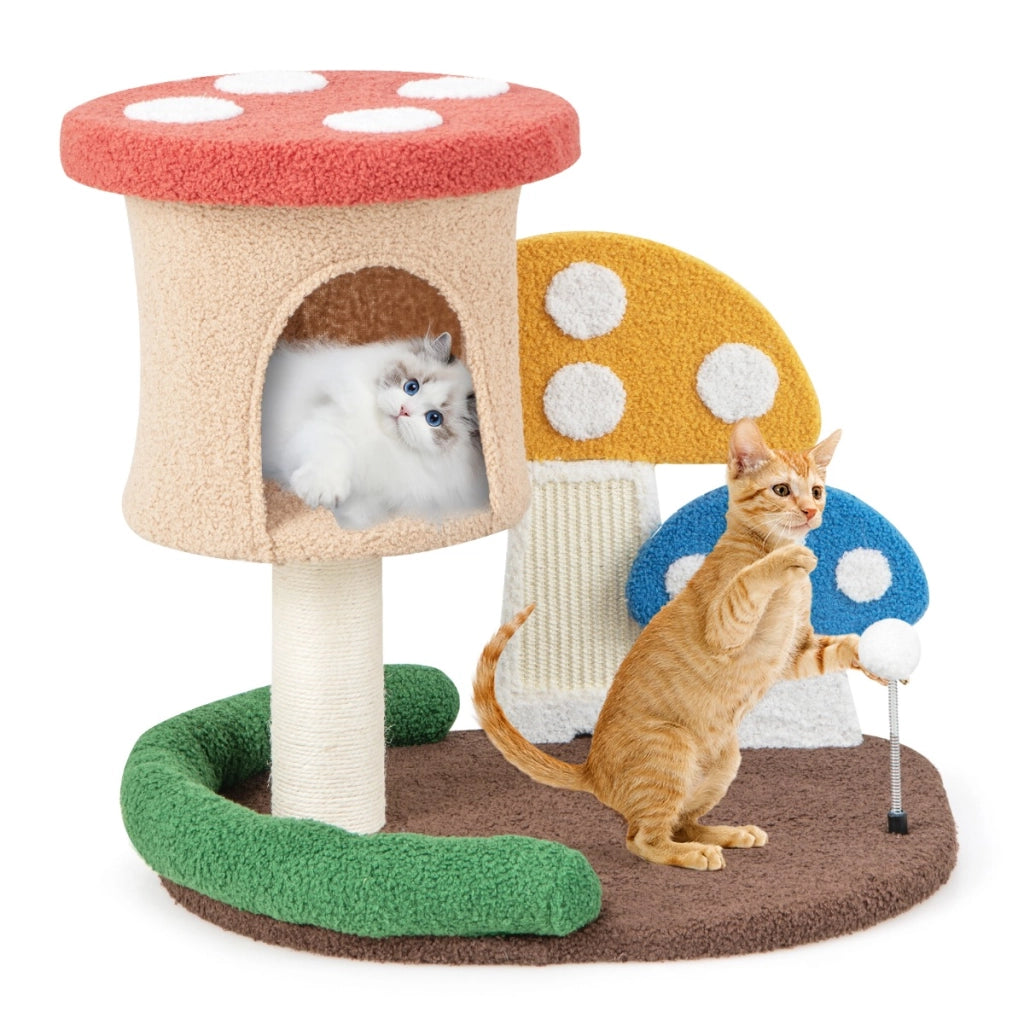 Albero per gatti 4-in-1 con condo e piattaforma palo avvolto in sisal, Torre per gattini a forma di fungo Colorato-Alberi Tiragraffi