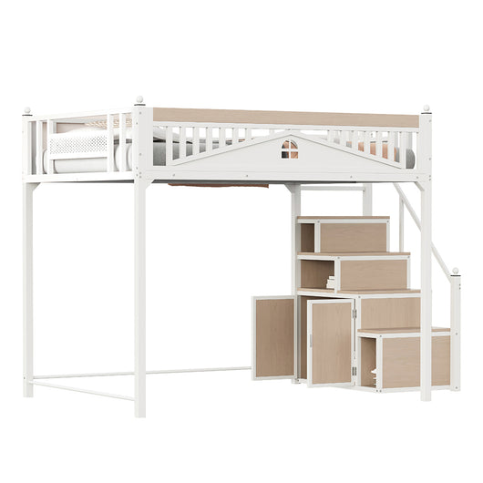 Letto a soppalco in metallo - Xylo - 140x200cm - Bianco - Barriera di sicurezza scala reversibile