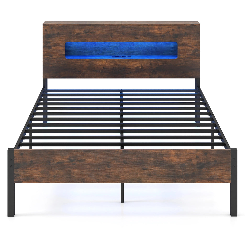 Struttura letto luci led testiera contenitore prese di corrente 200x140cm-Letto piattaforma a doghe metallo senza molle