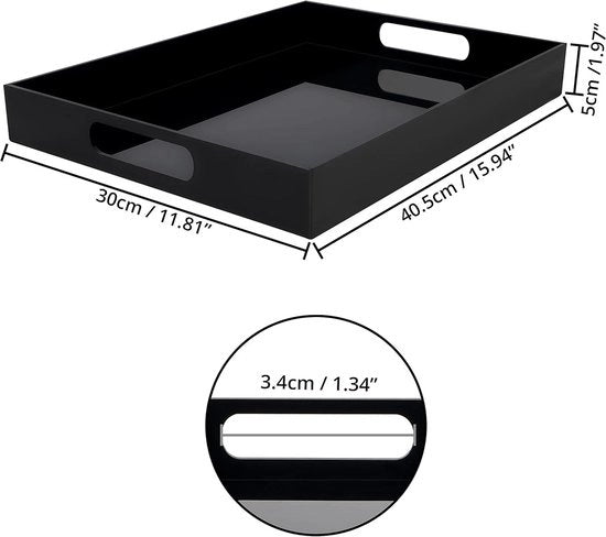 Organizzatore di Tavolo in Acrilico Nero - Scatola di Servizio con Maniglie - Bacinella per Tè e Caffè - Adatto per Colazione e Bevande - 40 x 30 cm - Grande e Senza Angoli - Design Decorativo a Tre Angoli.