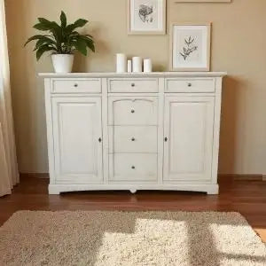 Credenzone in legno Shabby chic 2 ante 6 cassetti mod goccia avorio anticato con pomelli bronzo