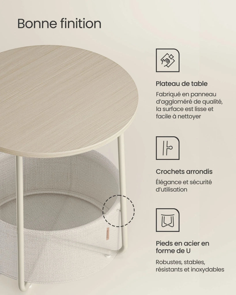 Tavolino rotondo piccolo con cestino in tessuto 45 x 50 cm contenitore per soggiorno/camera da letto/comodino stile moderno beige 12_0006930