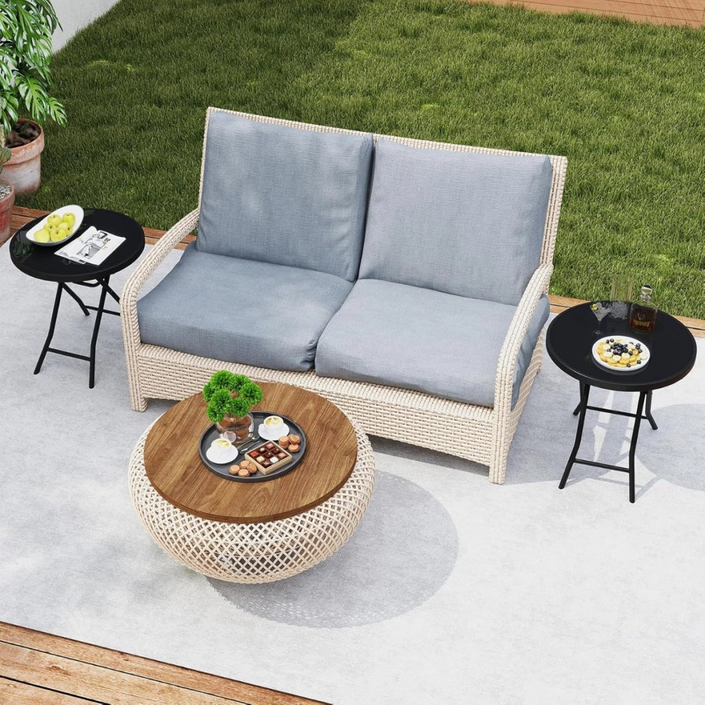 Tavolino pieghevole da 46 cm-Tavolino rotondo compatto da patio piano in vetro temperato Nero