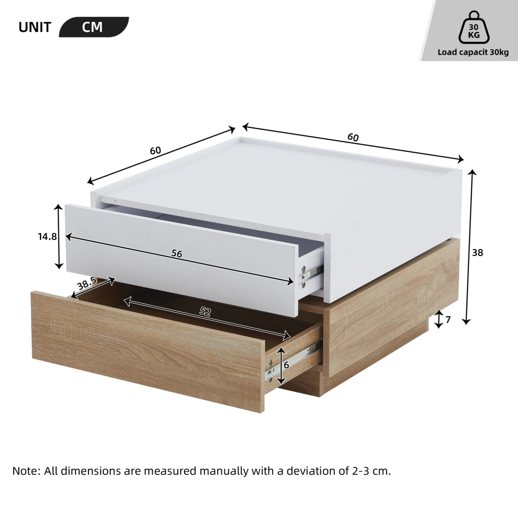 TAVOLINO Rotante 60x60x38 cm Bianco e Noce con 2 cassetti