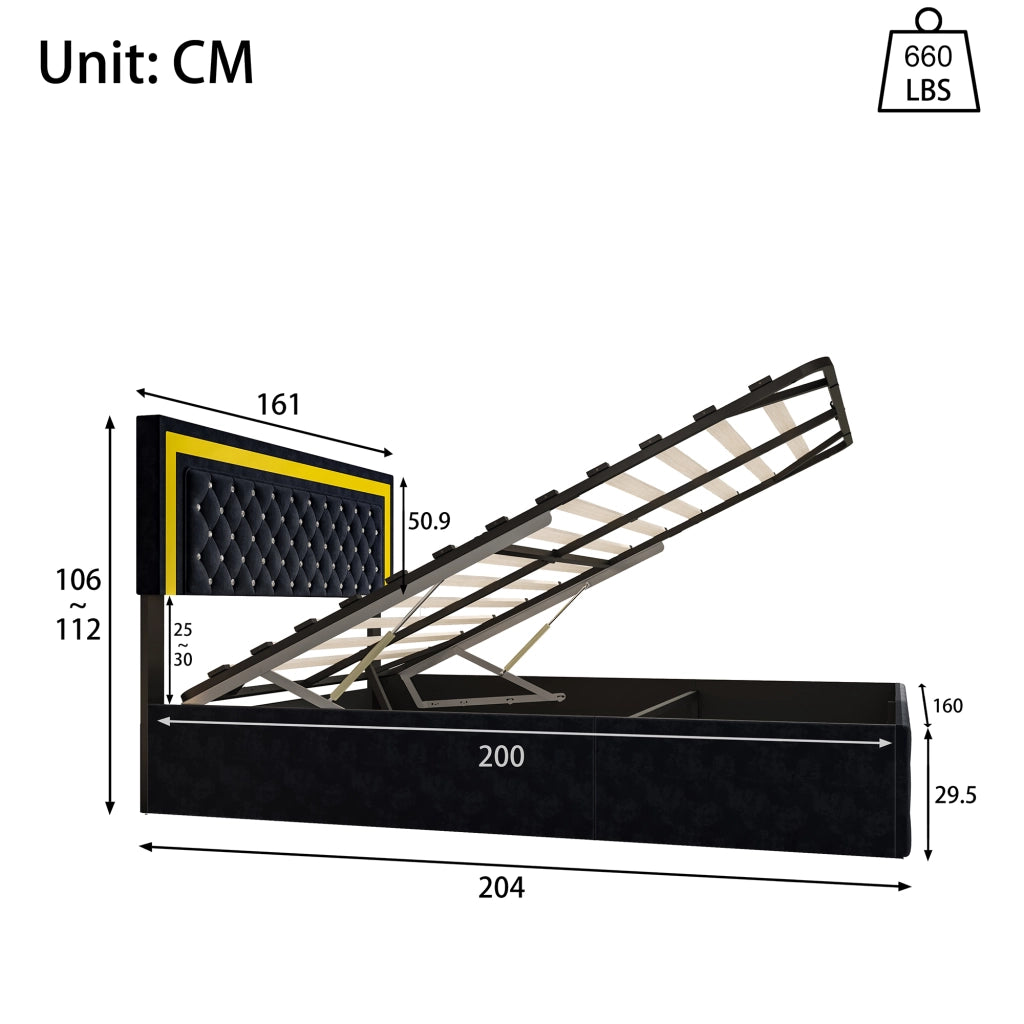 Letto con vano contenitore idraulico 160x200cm, rivestimento velluto nero, testiera trapuntata LED RGB controllabile da telecomando