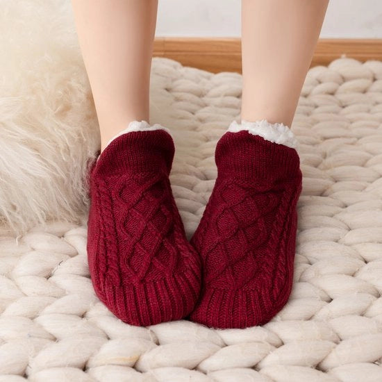 Pantofole e calze caldi unisex, antiscivolo, in pile di lana, per uso domestico e per dormire caldo, colore vino rosso, 36-39