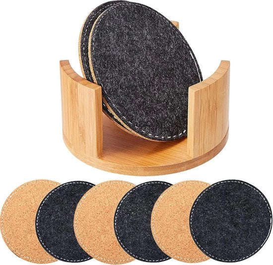 Impianti per bicchieri, sottopiani in gomma e vilt, antiscivolo, sottopiani per bicchieri in materiale assorbente, set da 8 incluso scatola in bambù, sottopiani a forma rotonda per bicchieri, becher e calici.