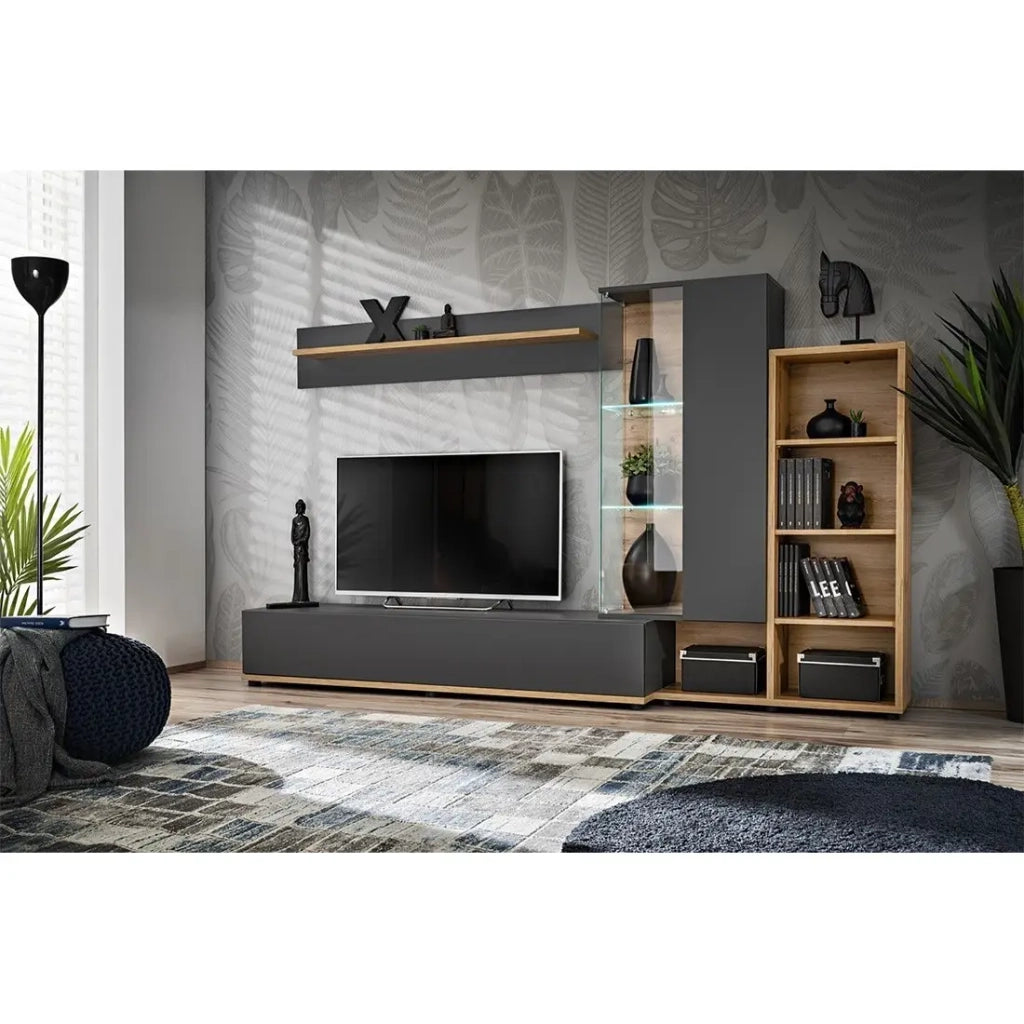 Composizione murale collezione KLIS 2 colori grigio antracite e quercia. LED inclusi. Mobile TV di design.