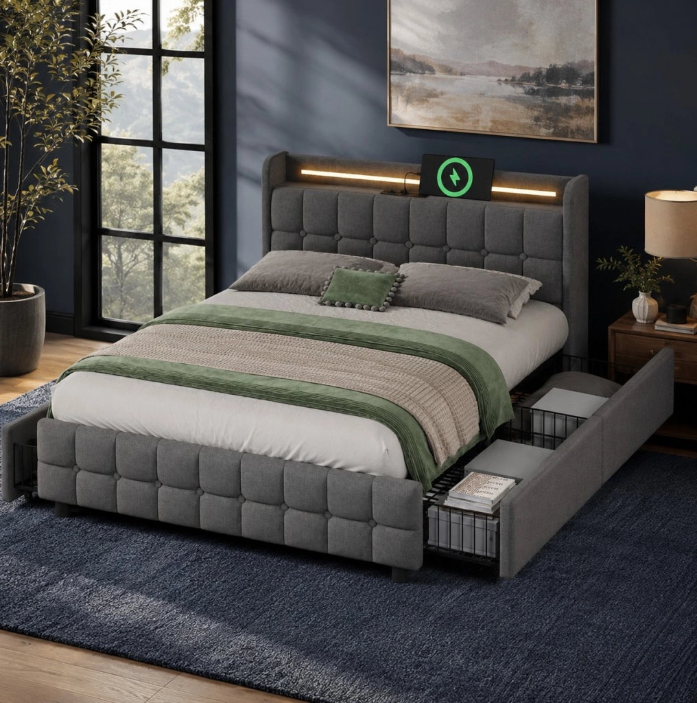 Letto matrimoniale 180x200 cm con LED, prese USB e 4 cassetti grigio