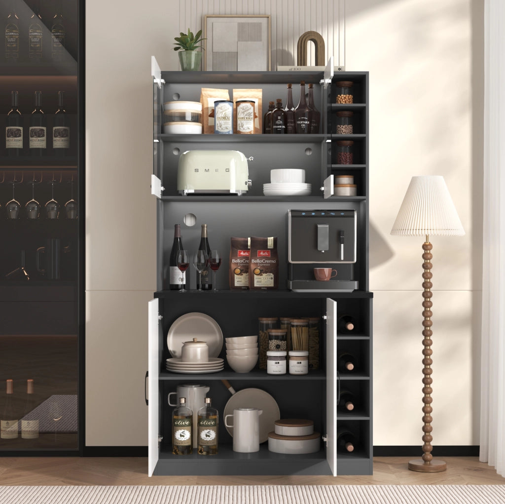 Credenza da cucina con LED, vano microonde e ripiani regolabili