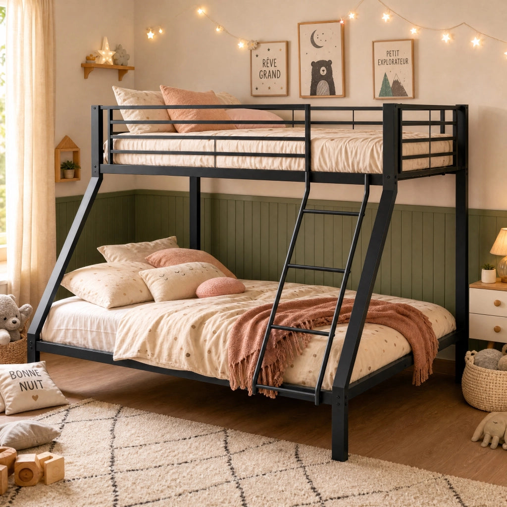 Letto a castello a 3 posti 90 × 200 e 140 × 200 con scala reversibile, struttura silenziosa, senza materasso, nero