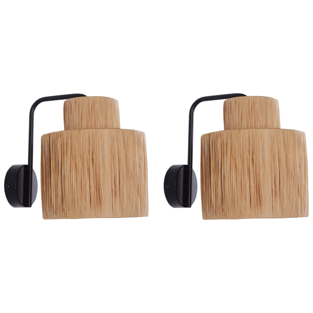 Set di 2 lampade da parete fatte a mano in rafia naturale con foglie di palma e base in metallo stile boho camera da letto