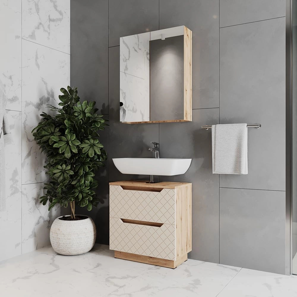 Set di mobili da bagno Lotta, Rovere/grigio con struttura in piastrelle, 2 parti