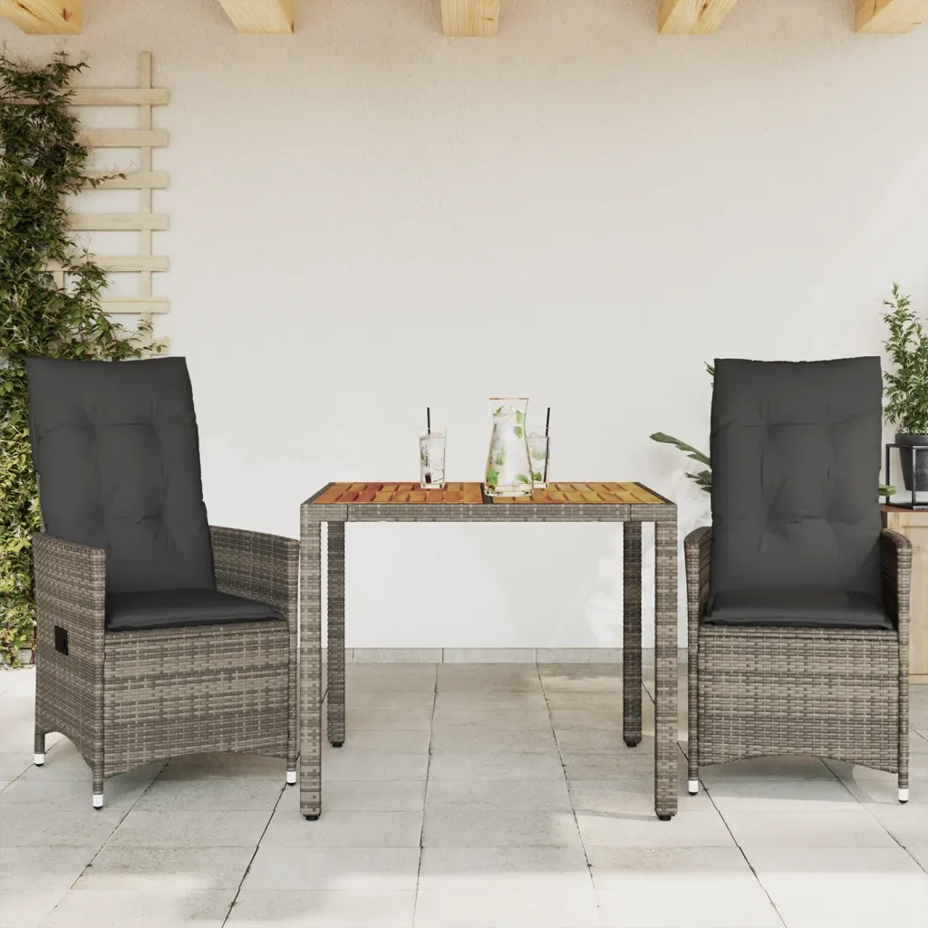 Set da Bistr¨° 3 pz | Set Salotto da Giardino con Cuscini Grigio in Polyrattan