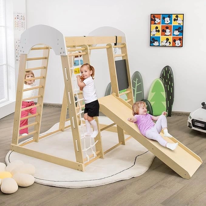 Set Arrampicata 8 in 1 per Bambini, Rocce da Arrampicata e Scala, con Scivolo Rete da Arrampicata, Barra Orizzontale, Centro attività di Legno per Bambini 3 Anni + (Stile 1 Naturale)