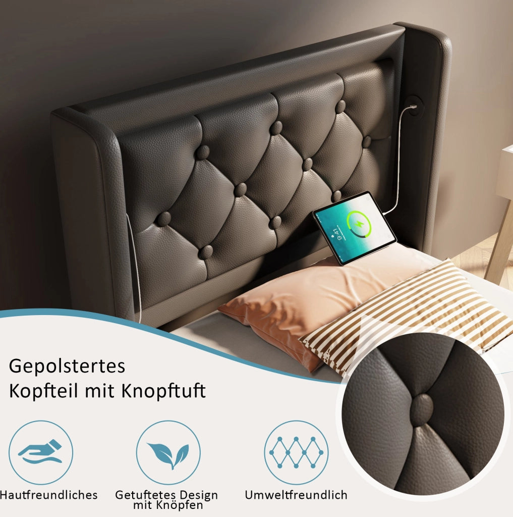 Letto singolo 90x200 cm con contenitore, LED e ricarica USB-C