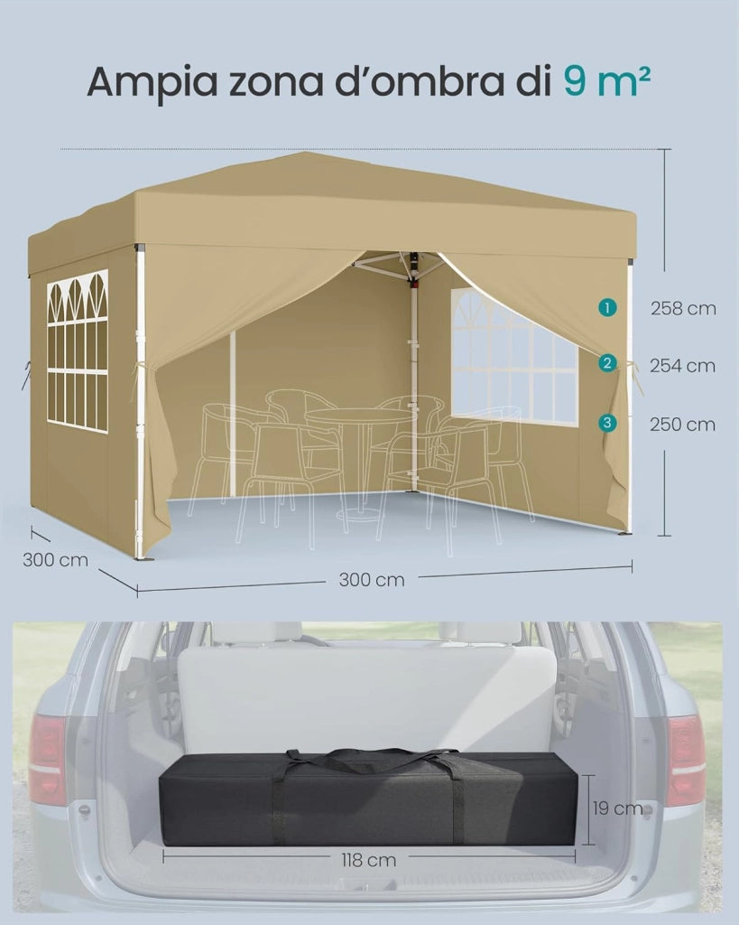 SONGMICS Gazebo, Tendone Pieghevole, Protezione Solare, Resistente alla Pioggia Leggera, Portatile, con Pareti Laterali, per Cortile, Giardino, Mercato, 3 x 3 m, Beige GCT104LZ01