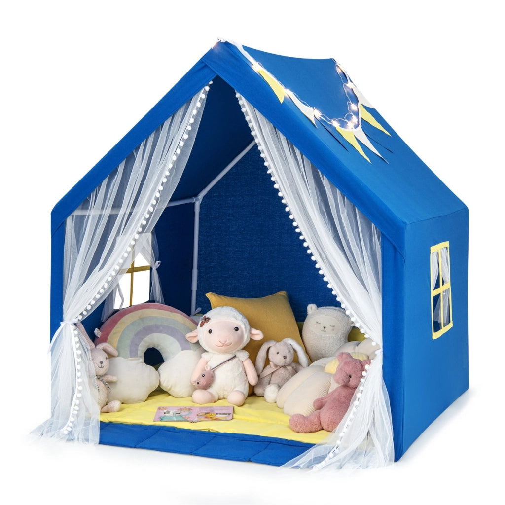 Tenda da gioco per bambini con tappeto in cotone lavabile luci stellari finestre, Casa da gioco 122x105x125cm Blu