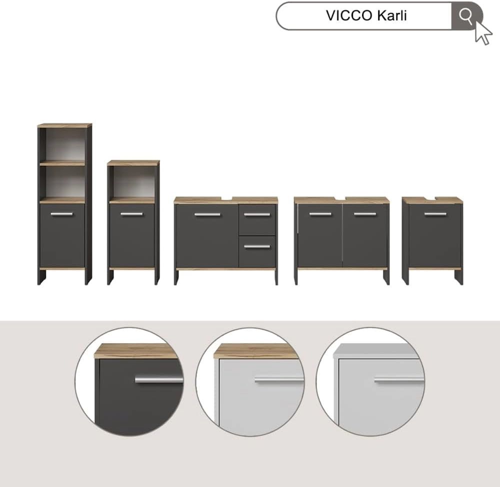 Mobile sottolavabo per bagno Karli, Rovere bianco/dorato, 38.2 x 57 cm con la porta