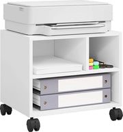 Tavolo da Stampa con Ruote – Stand da Stampante Mobili con 3 Cestelli – Printer Supporte Compatta – Contenitore da Ufficio Rotolante – 40x35x30 cm – Bianco