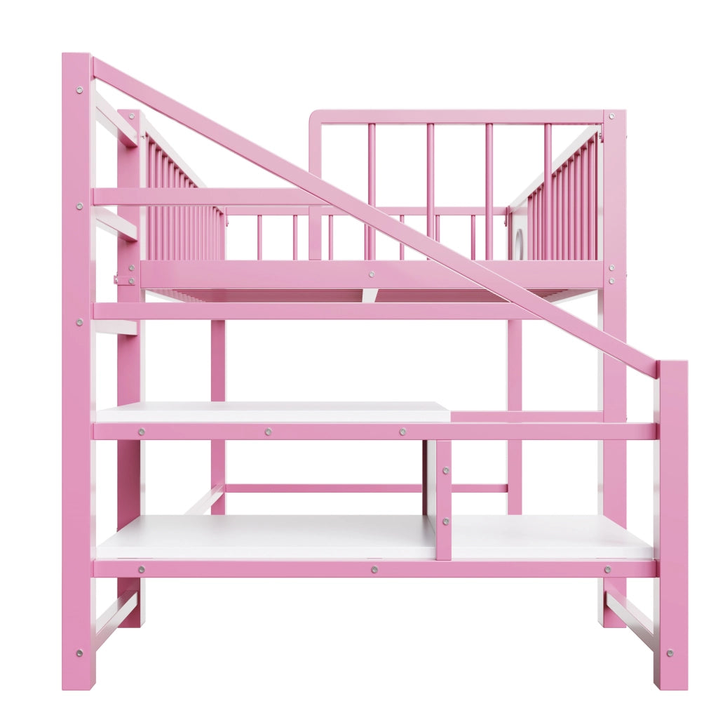 Letto a castello basso per bambini 90x200 cm in metallo con scala contenitiva; rosa