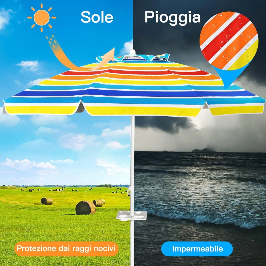 Ombrellone da Spiaggia 200 x 220 cm, Ombrellone da Mare con Inclinazione Regolabile, con Vassoio, 8 Stecche, Protezione UV, Impermeabile, Borsa di Trasporto (Colorato)