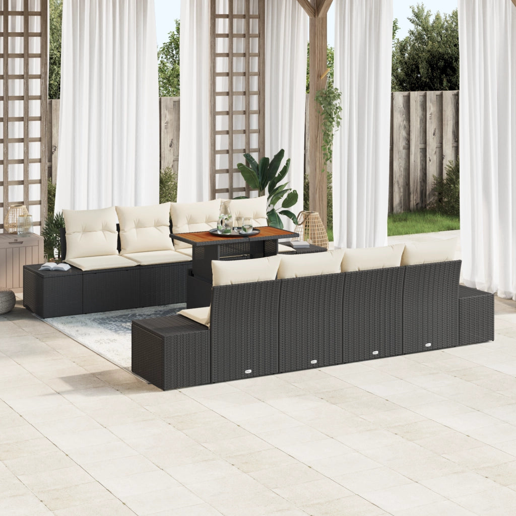 Set da pranzo da giardino 9 pezzi con cuscini in polirattan nero e acacia