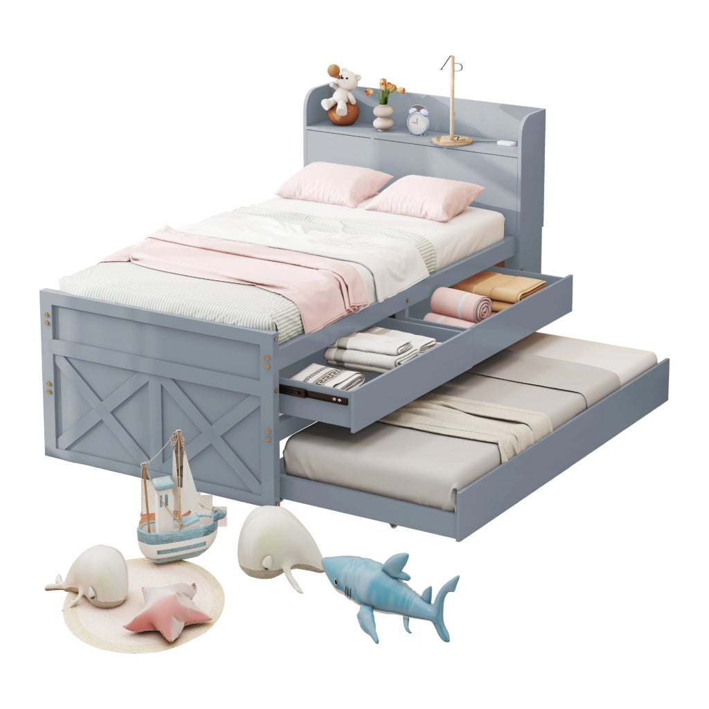 OKWISH Letto estraibile 90×190 cm, Letto Singolo con 2 Cassetti, USB e Comodino con Ripiano, senza Materasso, in Legno Massello, Grigio