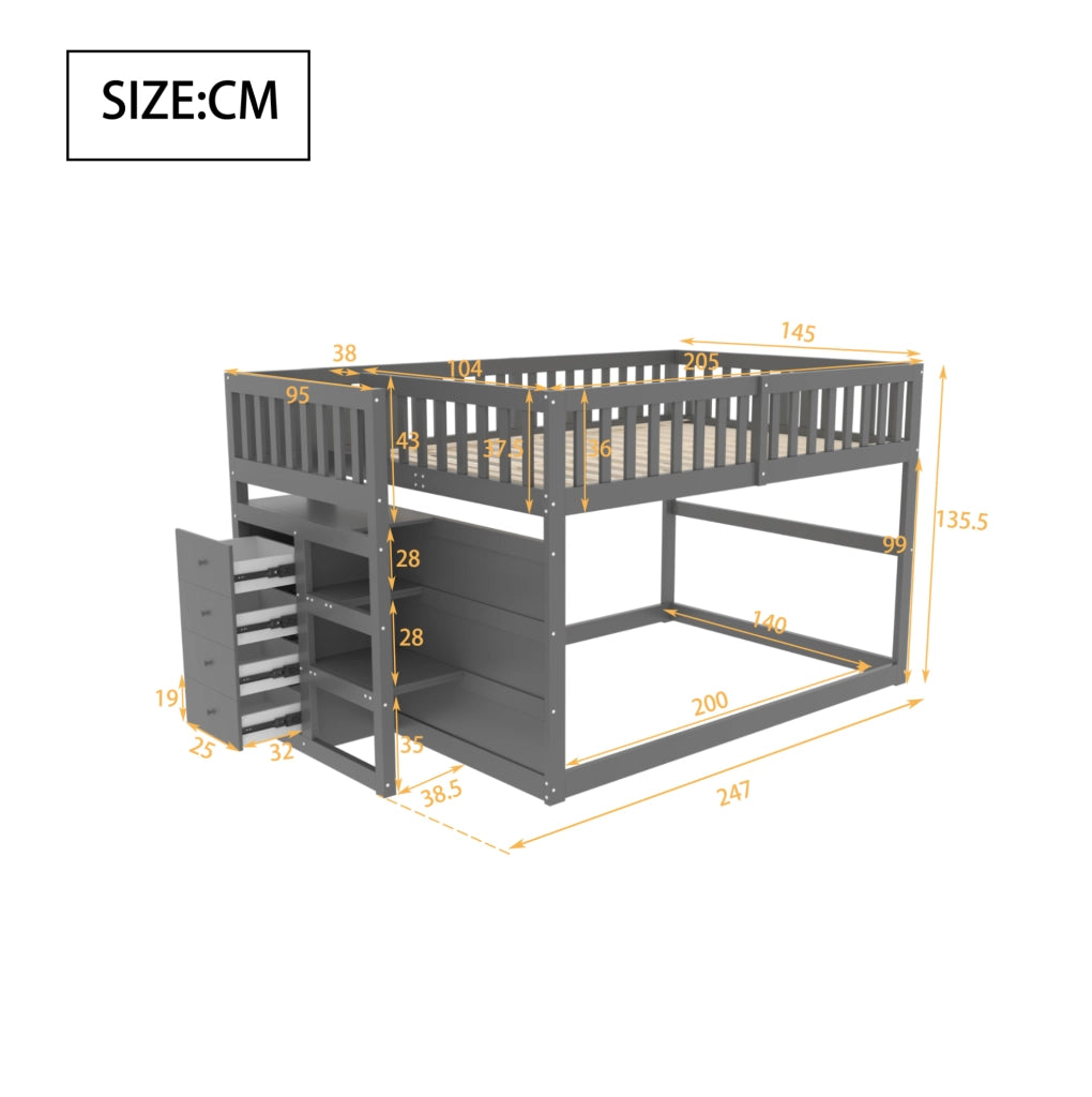 Letto a castello basso 140x200 cm grigio con scala e cassetti