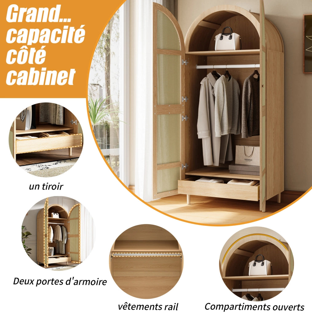 Armadio con ante curve; asta appendiabiti e cassetti; 80x50x179 cm; naturale