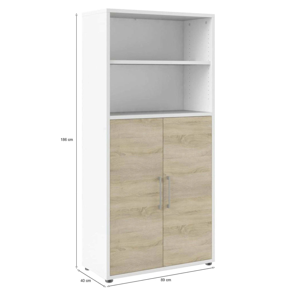Credenza Saotome, Buffet da soggiorno, Madia da salotto, Dispensa da cucina, 89x40 h186 cm, Bianco e Quercia