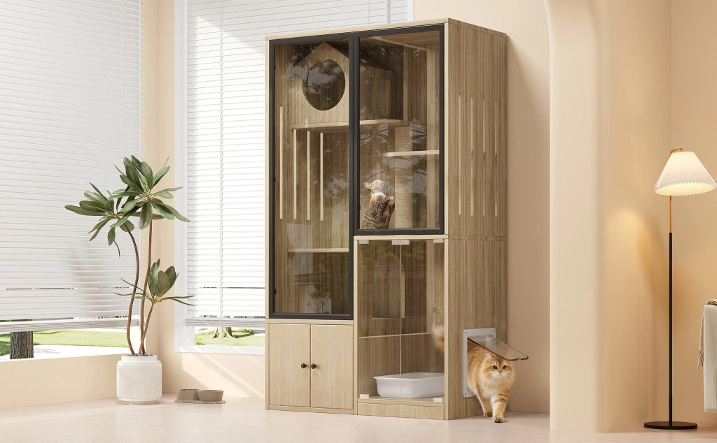 Mobile contenitore per gatti a più livelli con porta bloccabile e vetro, per interni, naturale, 90 × 50 × 160 cm