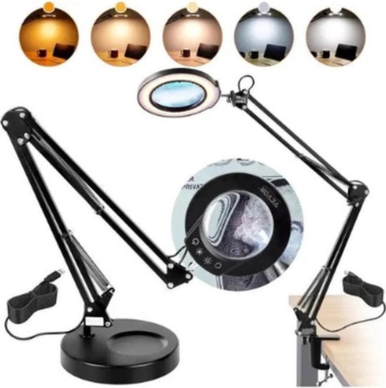 Lampada da Scrivania con Obiettivo - Luminaria da Ufficio - Lampada a Sfere - Regolabile su 5 livelli, con 5 temperature di colore e 5 livelli di luminosità - 5 x Lenti di cristallo ingrandente trasparenti - Nero