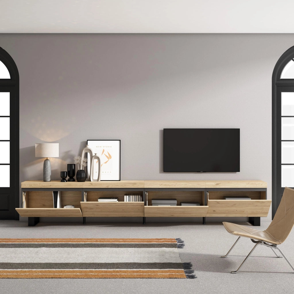 Mobile TV Soggiorno, 320x35x57cm, TV di grande formato, Design industriale, colore Rovere RF3629