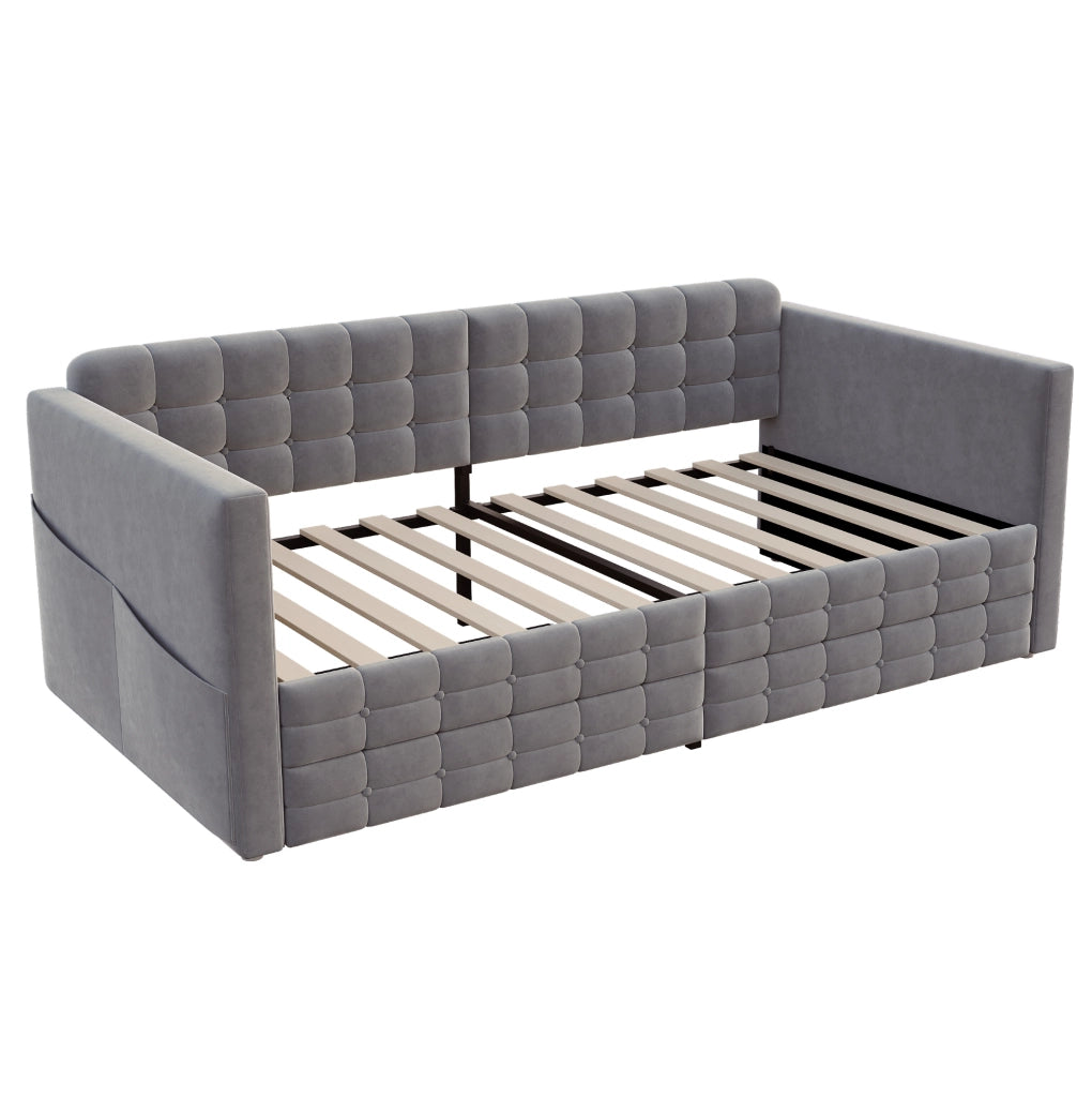 Letto imbottito 90x190 cm con 2 cassetti e tasche laterali in velluto grigio
