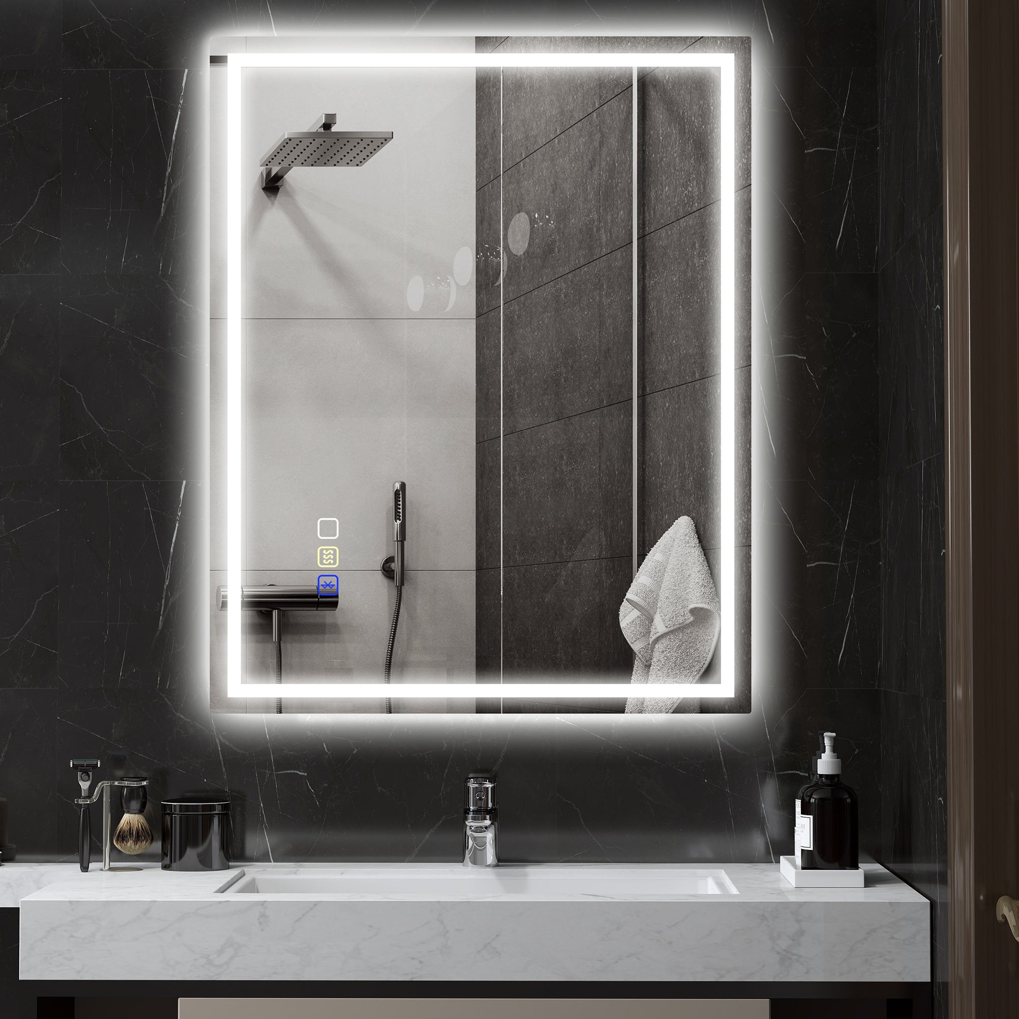 Specchio Bagno da Parete LED Antiappannamento 80x100 cm Speaker Bluetooth e Pulsanti Touch in Vetro Temperato