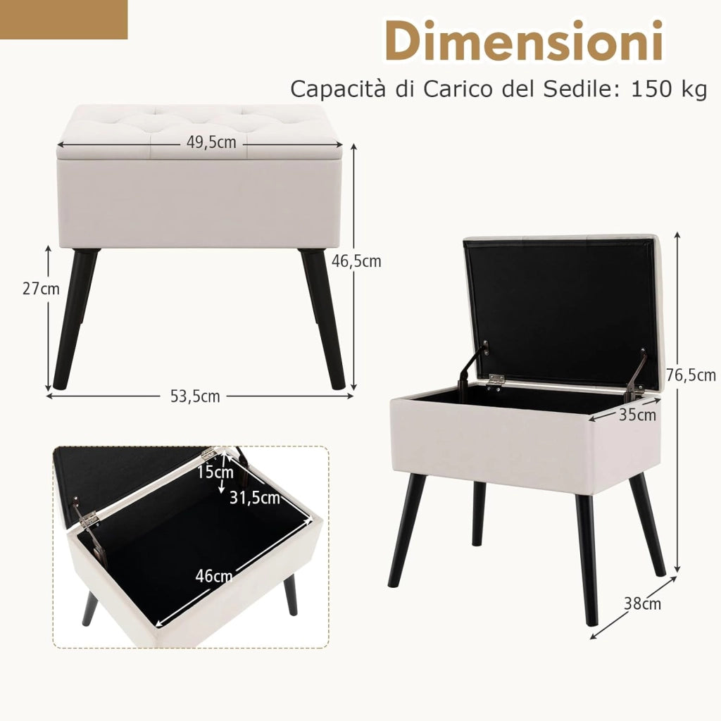 Sgabello Contenitore, Pouf Sgabello Ottoman, Poggiapiedi Moderno da Trucco, con Gambe in Legno Massello & Seduta Imbottita, Portata 150 kg, 49,5 x 35 x 46,5 cm (Beige)