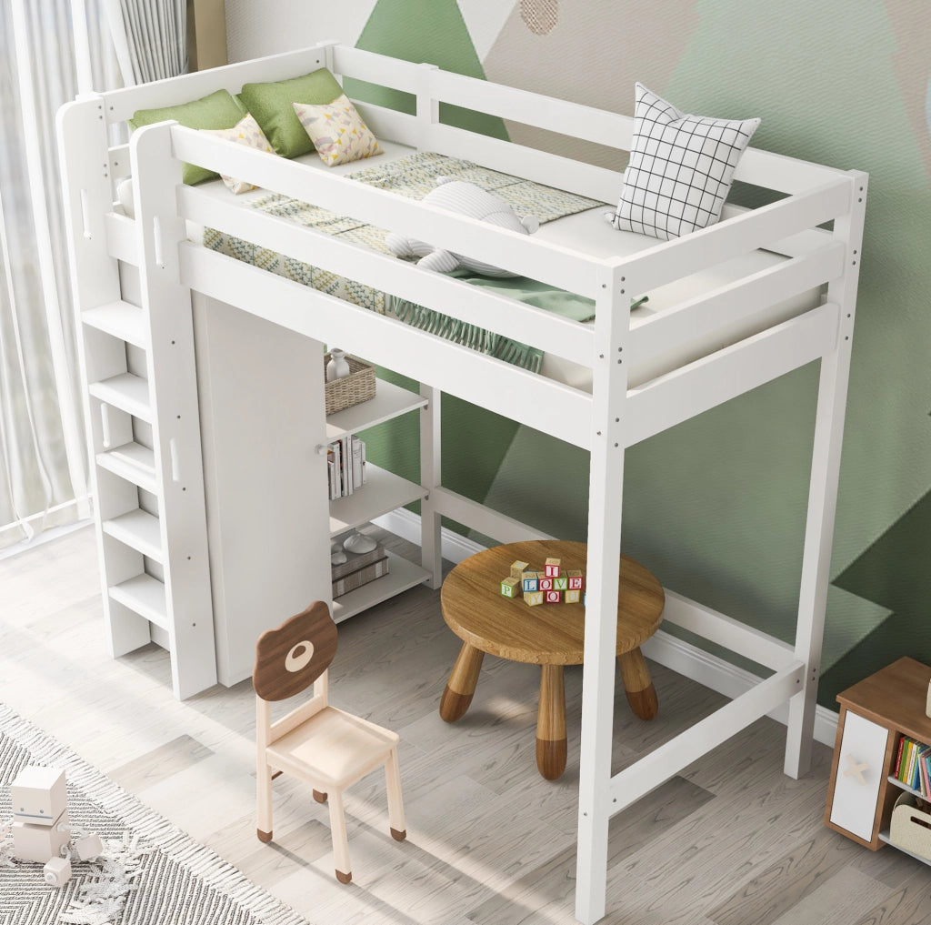 Letto a castello alto per bambini 90x200 cm con armadio e 6 ripiani; bianco